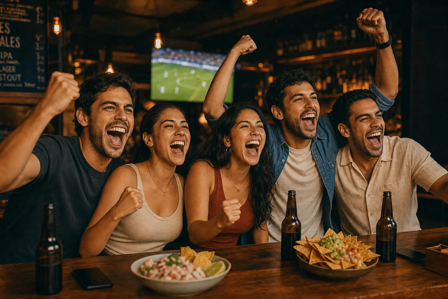 Aficionados latinoamericanos celebrando un partido en un bar deportivo